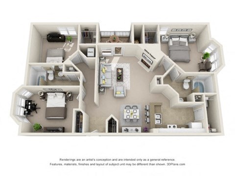 Floor plan for 3 beds, 2 baths, 1298 sqft